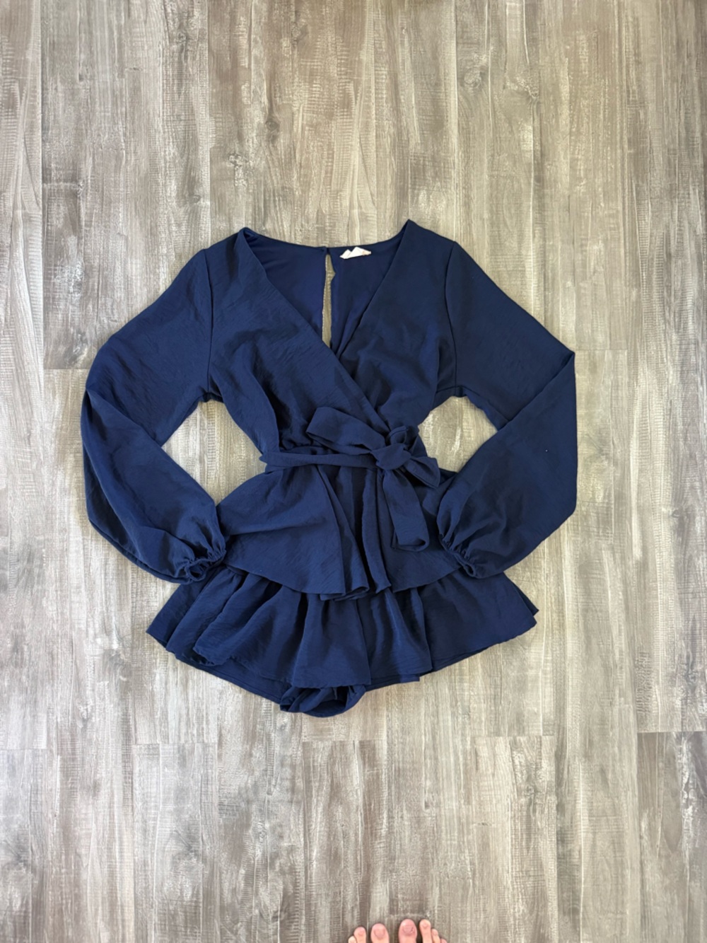 Altar'd State Navy Blue Ruffled Long-Sleeve Romper